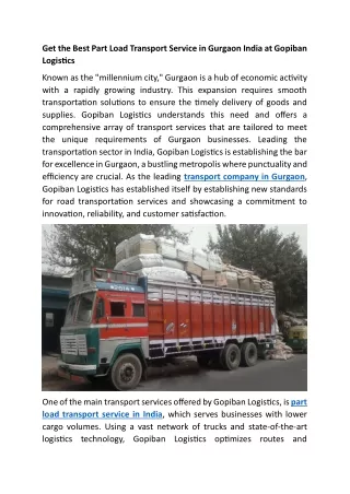 Get the Best Part Load Transport Service in Gurgaon India at Gopiban Logistics