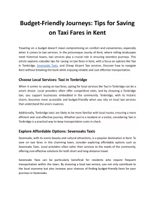 Budget-Friendly Journeys: Tips for Saving on Taxi Fares in Kent