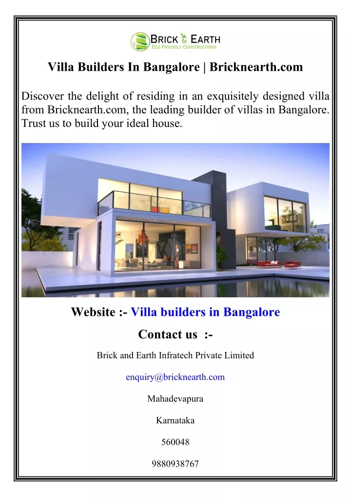 villa builders in bangalore bricknearth com