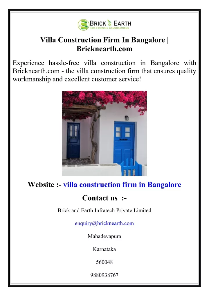 villa construction firm in bangalore bricknearth