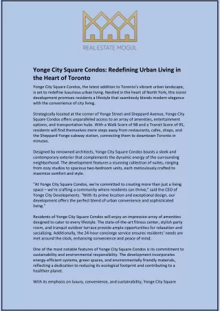 Yonge City Square Condos: Redefining Urban Living in the Heart of Toronto