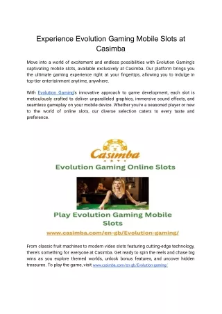 Experience Evolution Gaming Mobile Slots at Casimba