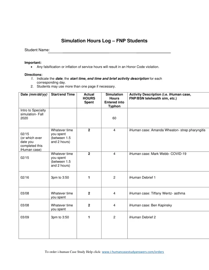 simulation hours log fnp students