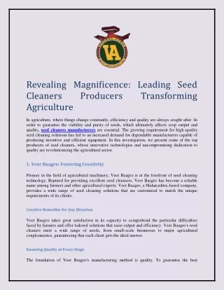 Revealing Magnificence: Leading Seed Cleaners Producers Transforming Agriculture