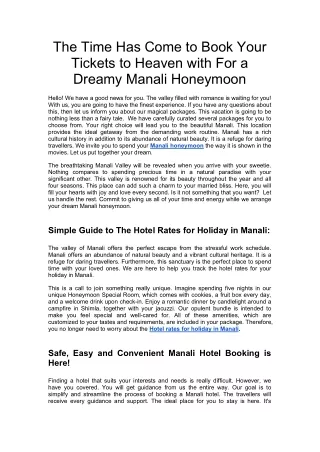 The Time Has Come to Book Your Tickets to Heaven with For a Dreamy Manali Honeymoon