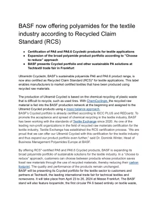 BASF now offering polyamides for the textile industry according to Recycled Claim Standard (RCS)