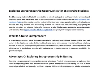 Exploring Entrepreneurship Opportunities for BSc Nursing Students