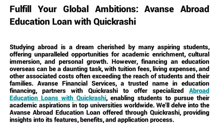 fulfill your global ambitions avanse abroad education loan with quickrashi