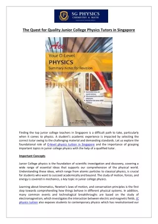 The Quest for Quality Junior College Physics Tutors in Singapore