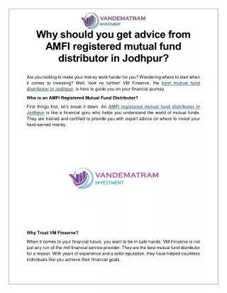 Why should you get advice from AMFI registered mutual fund distributor in Jodhpur