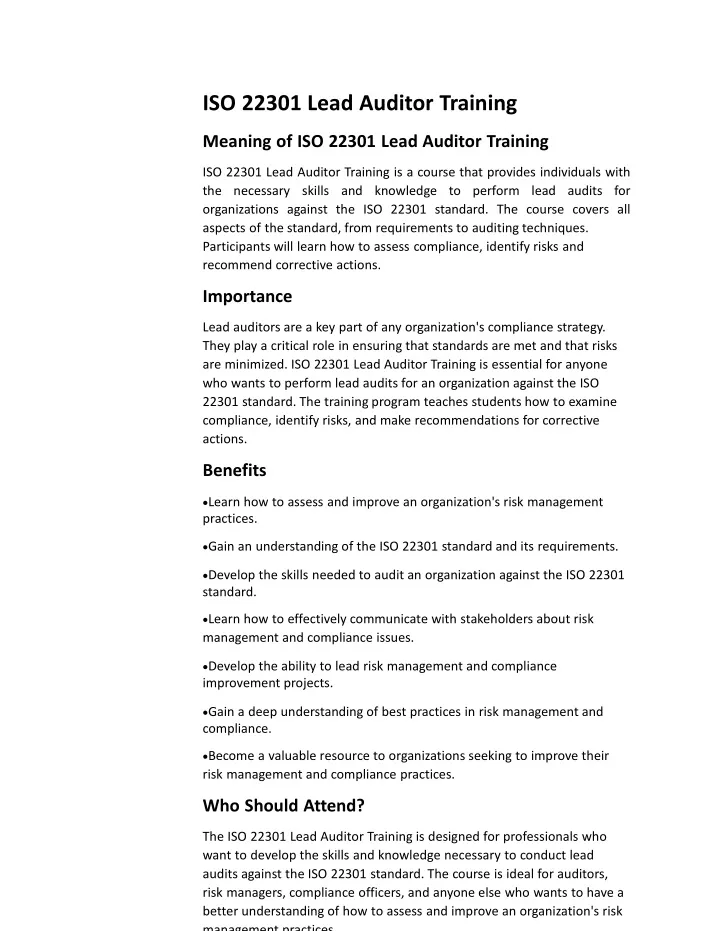 iso 22301 lead auditor training meaning