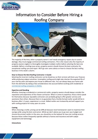Information to Consider Before Hiring a Roofing Company