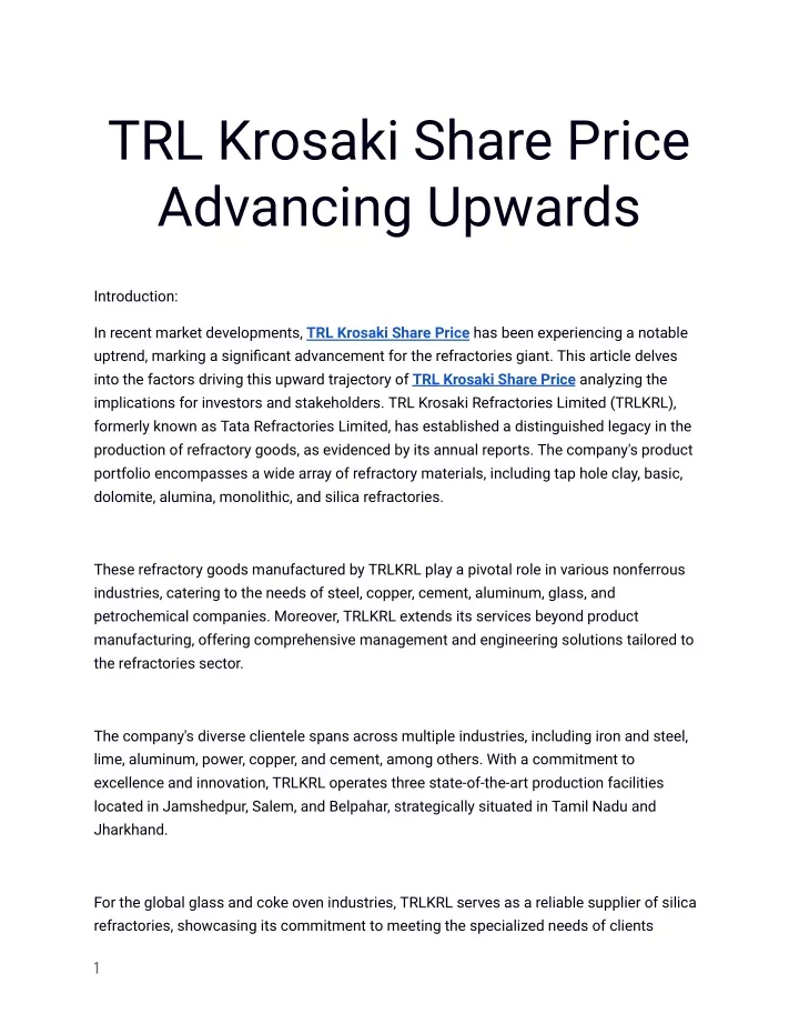 trl krosaki share price advancing upwards