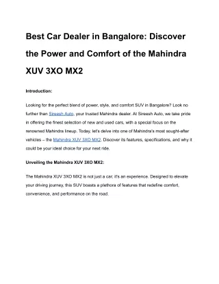 Best Car Dealer in Bangalore_ Discover the Power and Comfort of the Mahindra XUV 3XO MX2