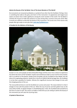 Admire the Beauty of the Taj Mahal- One of The Seven Wonders Of The World