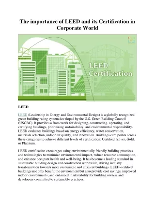 The importance of LEED and its Certification in Corporate World