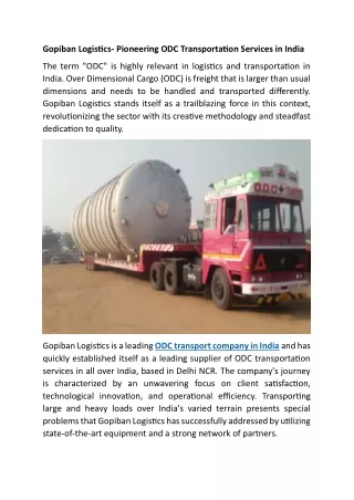Gopiban Logistics- Pioneering ODC Transportation Services in India