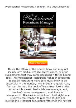 Download⚡PDF❤ Professional Restaurant Manager, The (Myculinarylab)