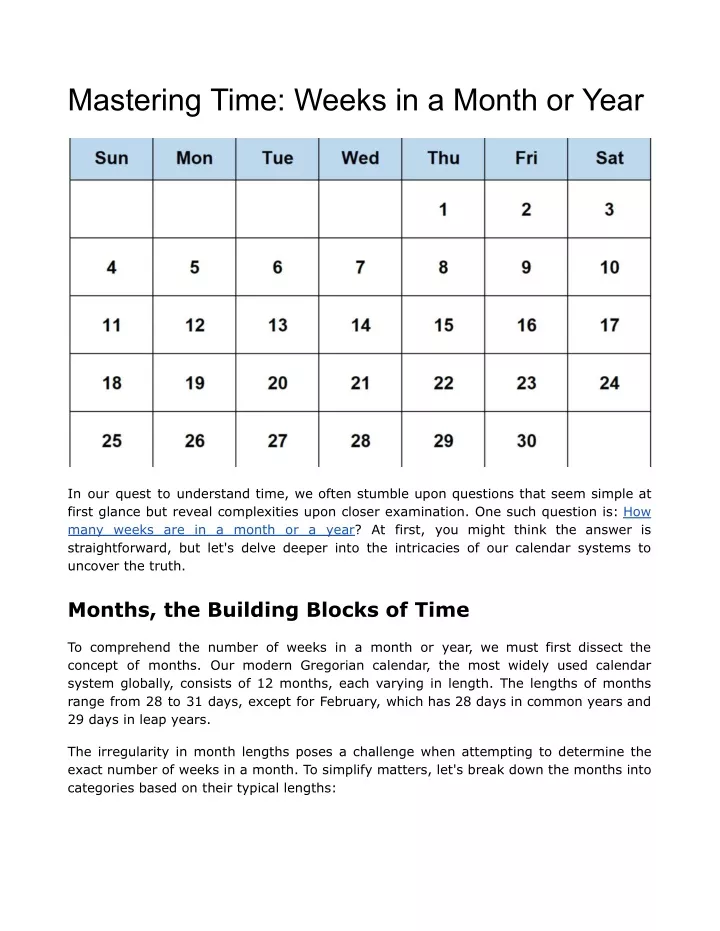 mastering time weeks in a month or year