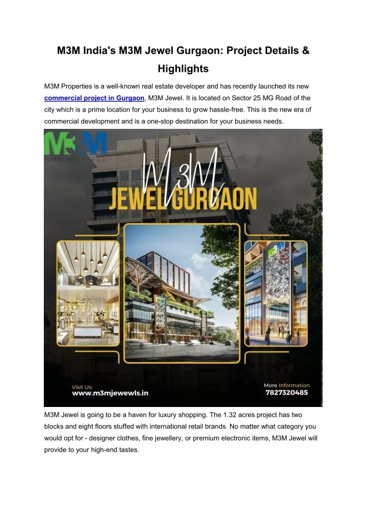 m3m india s m3m jewel gurgaon project details