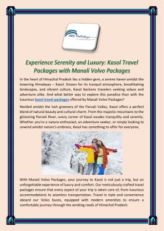 Experience Serenity and Luxury Kasol Travel Packages with Manali Volvo Packages