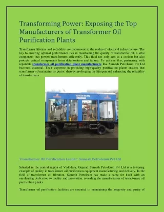 Transforming Power Exposing the Top Manufacturers of Transformer Oil Purification Plants