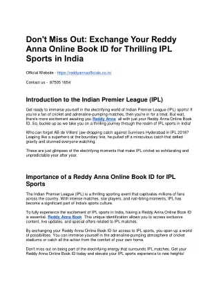 Don't Miss Out: Exchange Your Reddy Anna Online Book ID for Thrilling IPL Sports