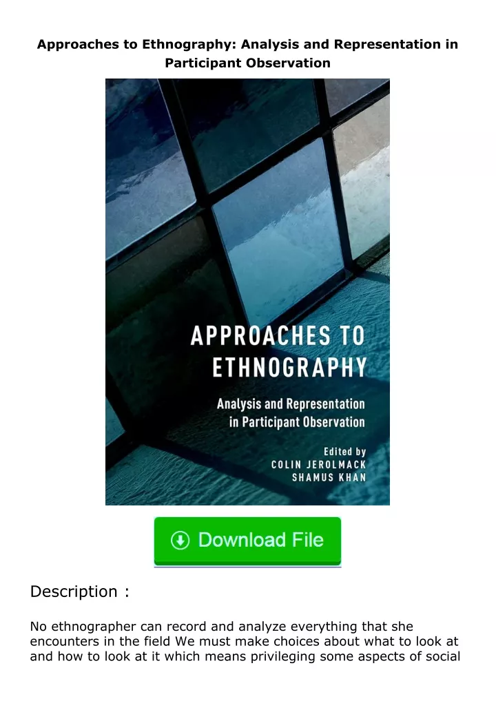 PPT - free read ( ️pdf ️) Approaches to Ethnography: Analysis and ...