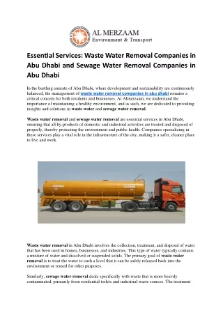 Essential  Waste Water Removal Companies in Abu Dhabi and Sewage Water Removal Companies in Abu Dhabi