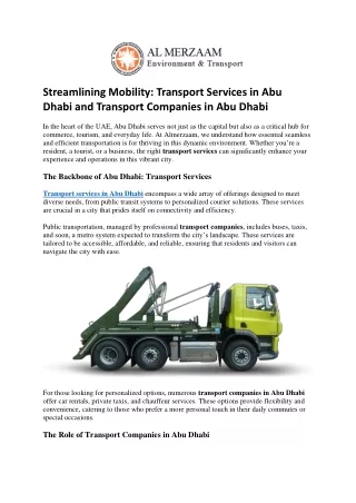Streamlining Mobility Transport Services in Abu Dhabi and Transport Companies in Abu Dhabi