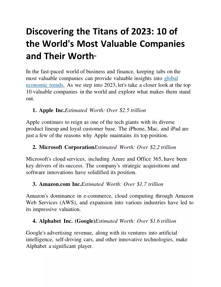 discovering the titans of 2023 10 of the world s most valuable companies and their worth