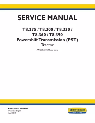 New Holland T8.300 Powershift Transmission (PST) Tractor Service Repair Manual Instant Download