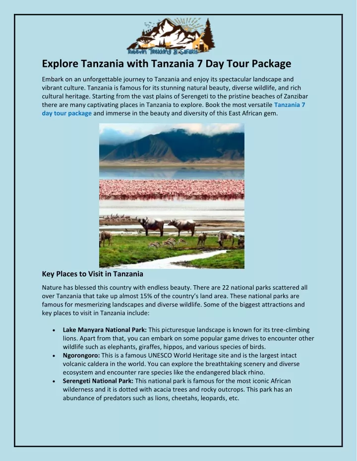 explore tanzania with tanzania 7 day tour package