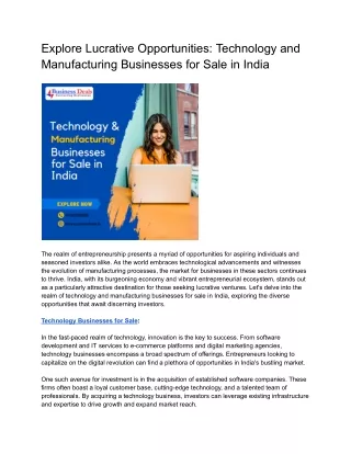 Explore Lucrative Opportunities Technology and Manufacturing Businesses for Sale