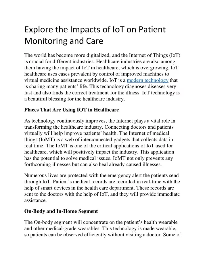 explore the impacts of iot on patient monitoring and care