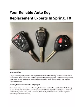 Your Reliable Auto Key Replacement Experts In Spring, TX