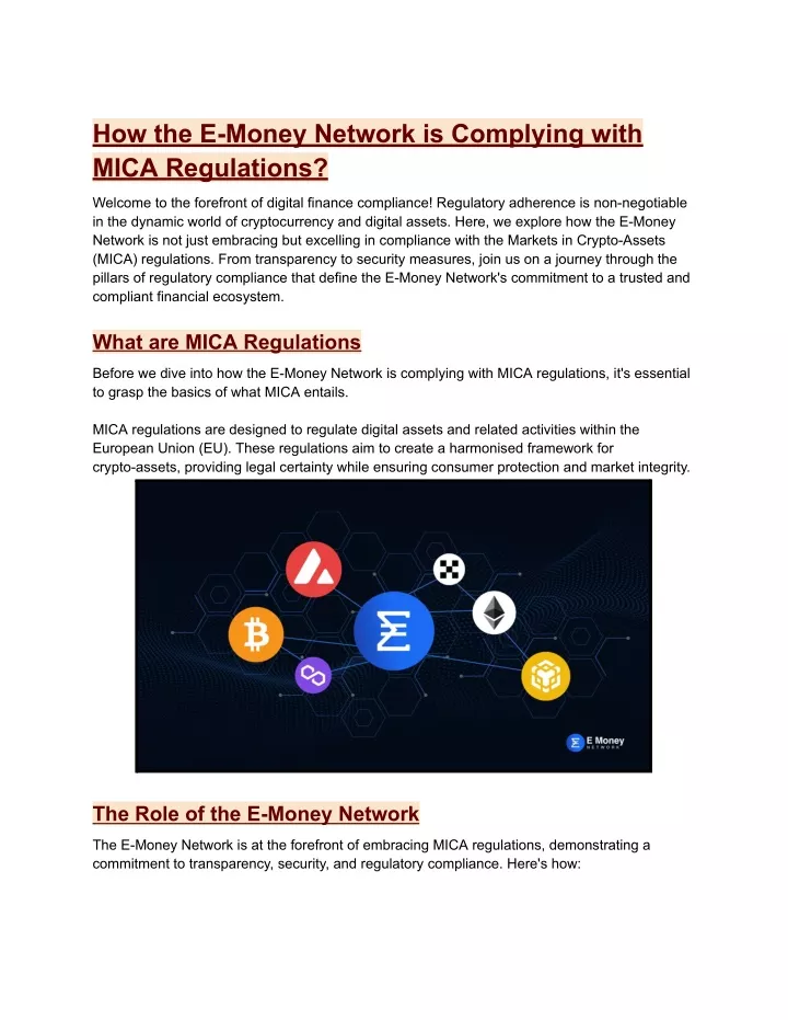 how the e money network is complying with mica