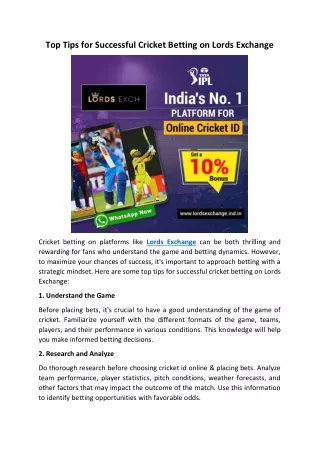 Top Tips for Successful Cricket Betting on Lords Exchange