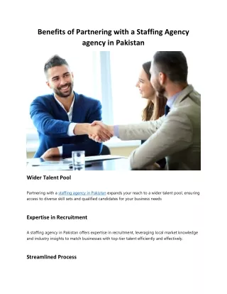Benefits of Partnering with a Staffing Agency agency in Pakistan