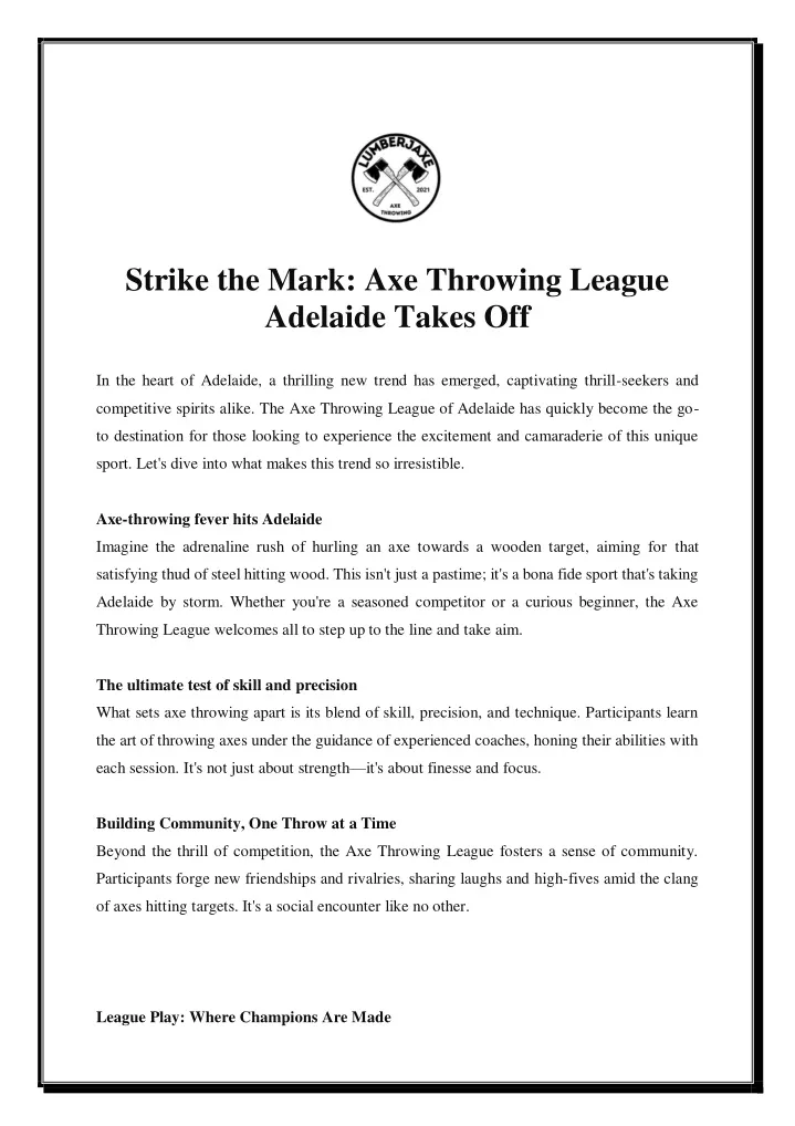 strike the mark axe throwing league adelaide