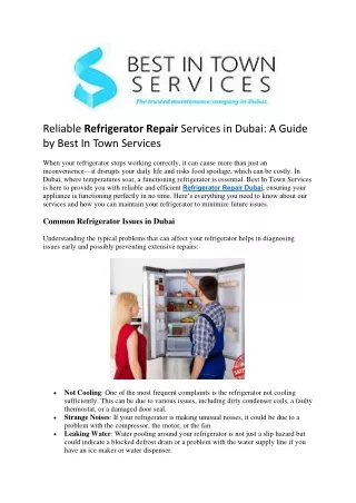 Reliable Refrigerator Repair Services in Dubai A Guide by Best In Town Services