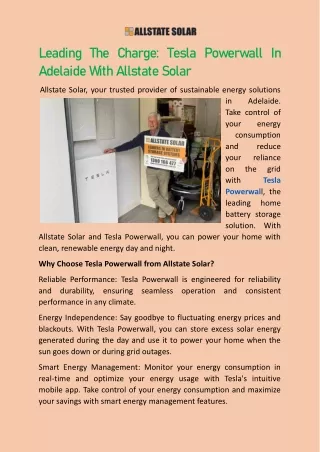 Leading The Charge Tesla Powerwall In Adelaide With Allstate Solar