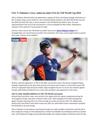 USA Vs Pakistan Corey Anderson Joins USA for T20 World Cup 2024