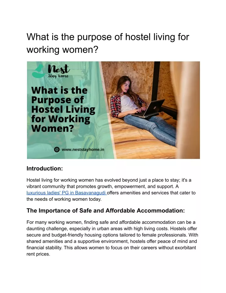 what is the purpose of hostel living for working