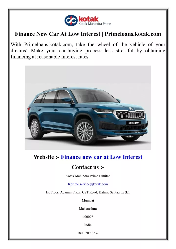 finance new car at low interest primeloans kotak