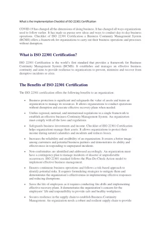 What is the Implementation Checklist of ISO 22301 Certification
