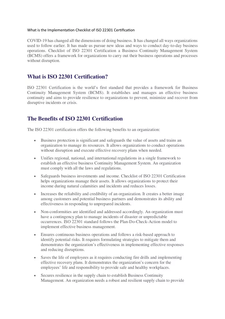 what is the implementation checklist of iso 22301
