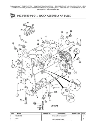 JCB 2DX LE (Low Emission Engine) BACKHOE LOADER Parts Catalogue Manual (Serial Number 00659249-00659999)