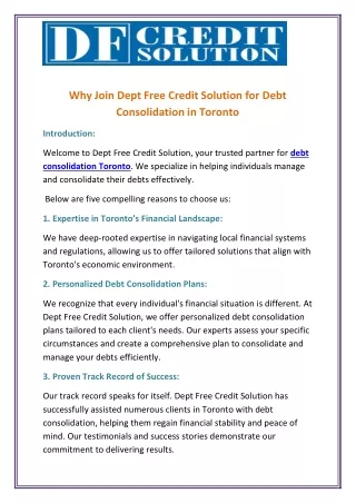 Why Join Dept Free Credit Solution for Debt Consolidation in Toronto