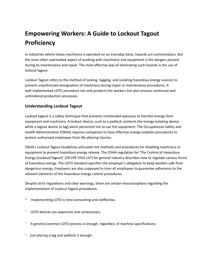 empowering workers a guide to lockout tagout